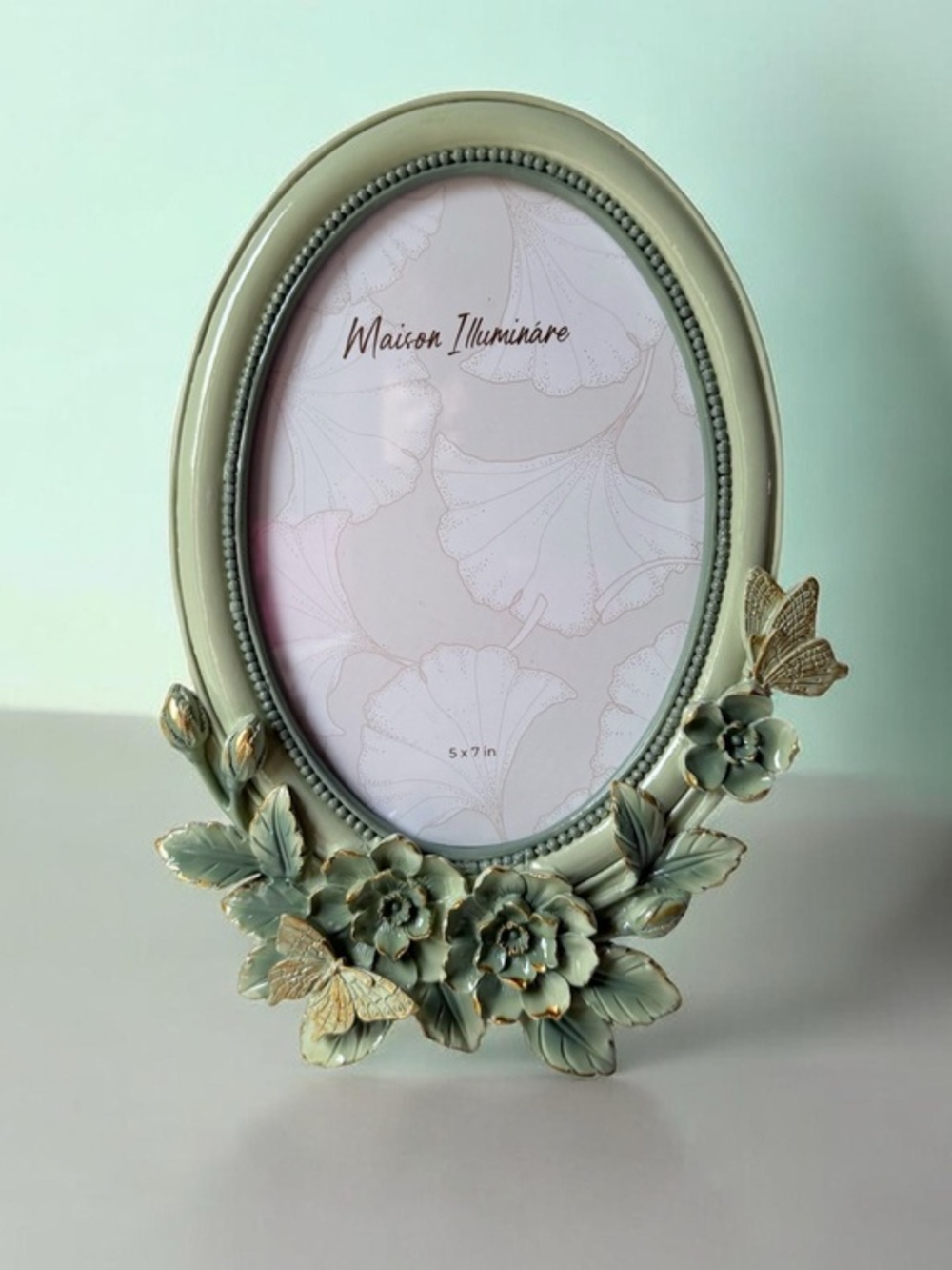 Sage Green Floral Oval Picture Frame with butterfly 5”x7” photo